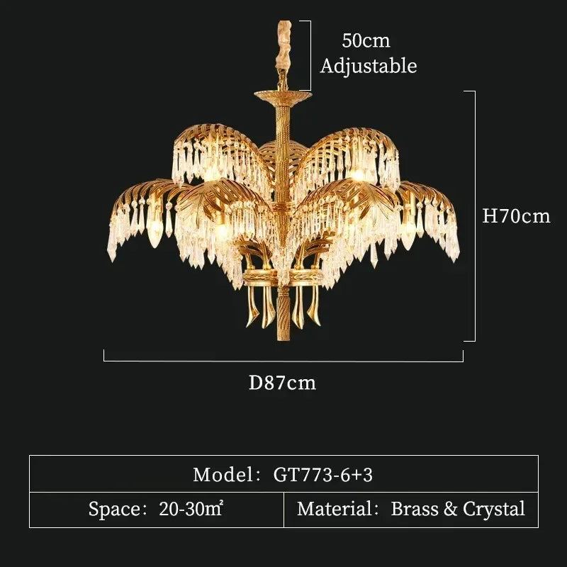 K9 crystal drops suspended from gilded palm leaf chandelier arms