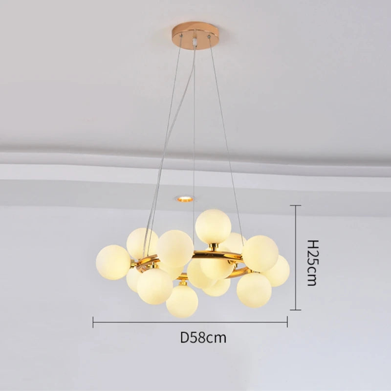 Nordic ring chandelier with clustered milk glass balls for a restaurant