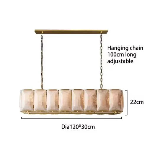 Gold rectangular chandelier at 41.3 in long with touch on off switch