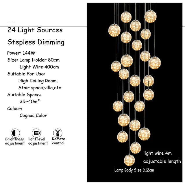 Glass ball shade on a transparent globe chandelier with a metal frame