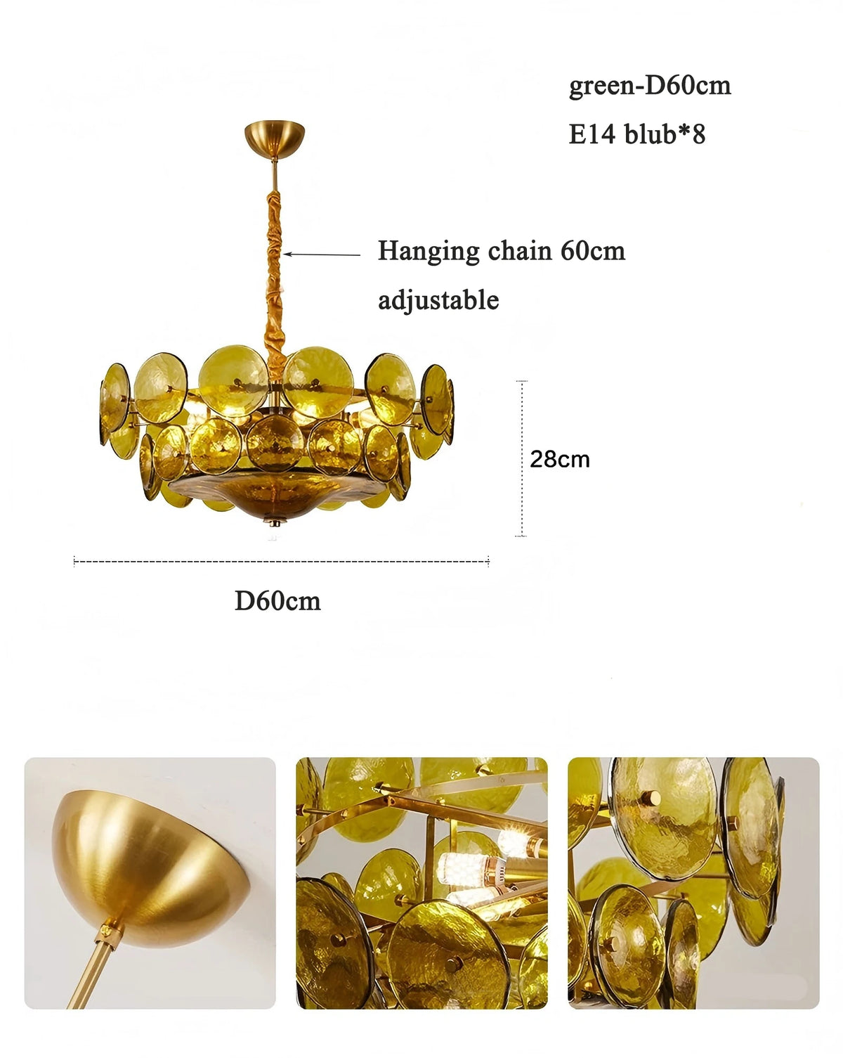 Green glass chandelier at 23.6 in diameter for a guest bedroom