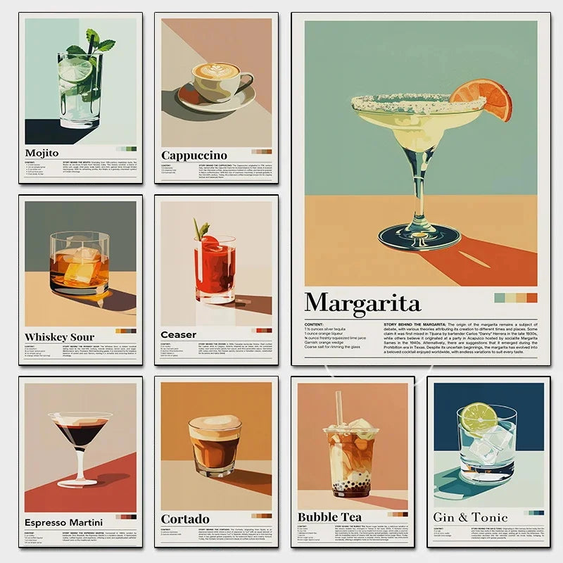 Retro Cafe Cocktail Cappuccino Canvas Wall Art
