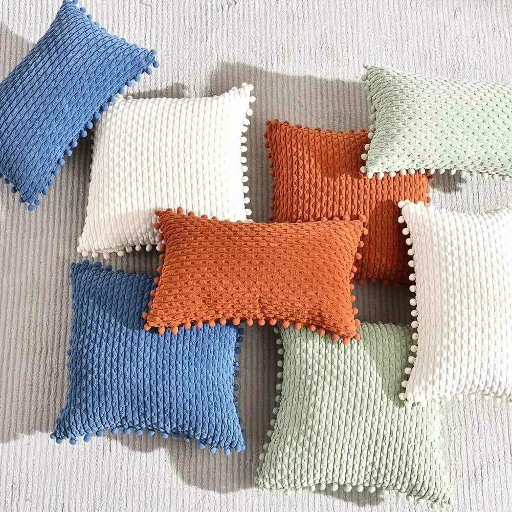 Corduroy Pom-Pom Lumbar Pillow Cover — detail
