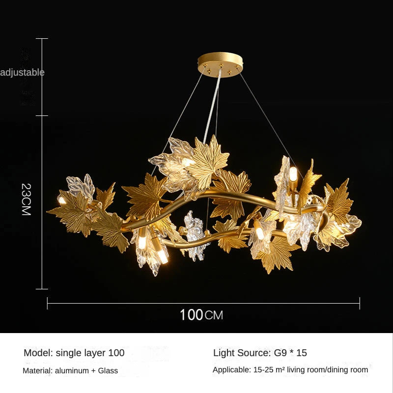 Gold branch chandelier with fifteen light sources on alloy arms