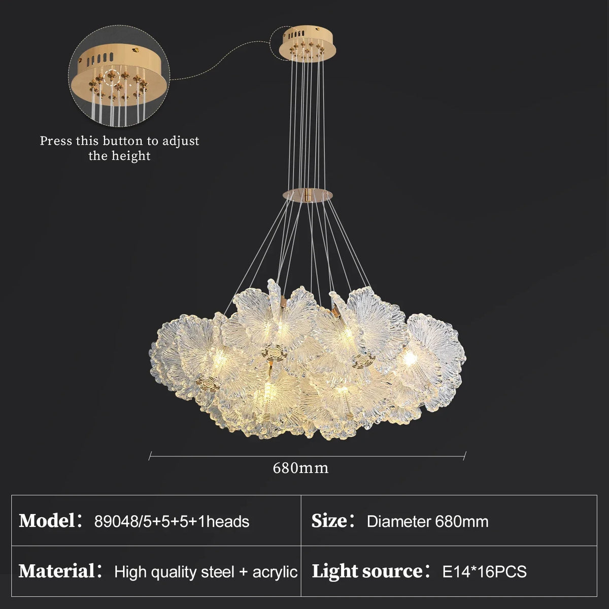 Acrylic bloom chandelier, 20.5 inches wide, with three-color light option