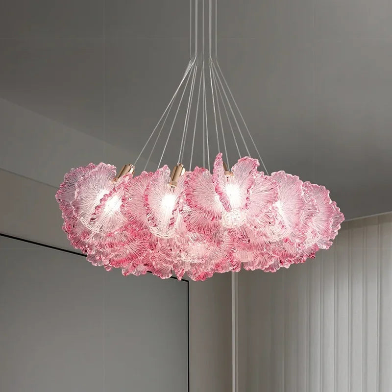 Pink acrylic floral chandelier, 31.5 inch diameter, with E14 LED bulbs