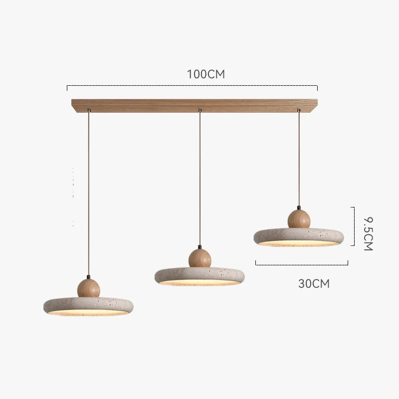 Stone and wood pendant chandelier with cold white light setting