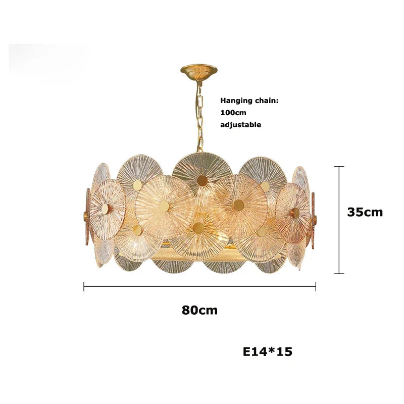 Lotus leaf chandelier shown lit in warm white E14 LED light