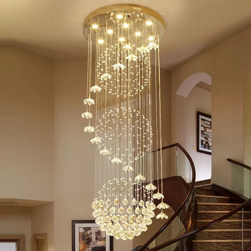 Crystal flower staircase chandelier on a mirror stainless steel column