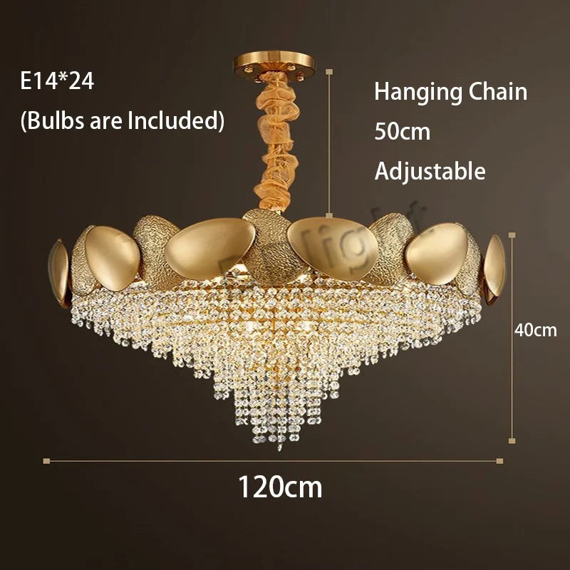 Crystal tassel strands on a gold plated stainless steel chandelier body