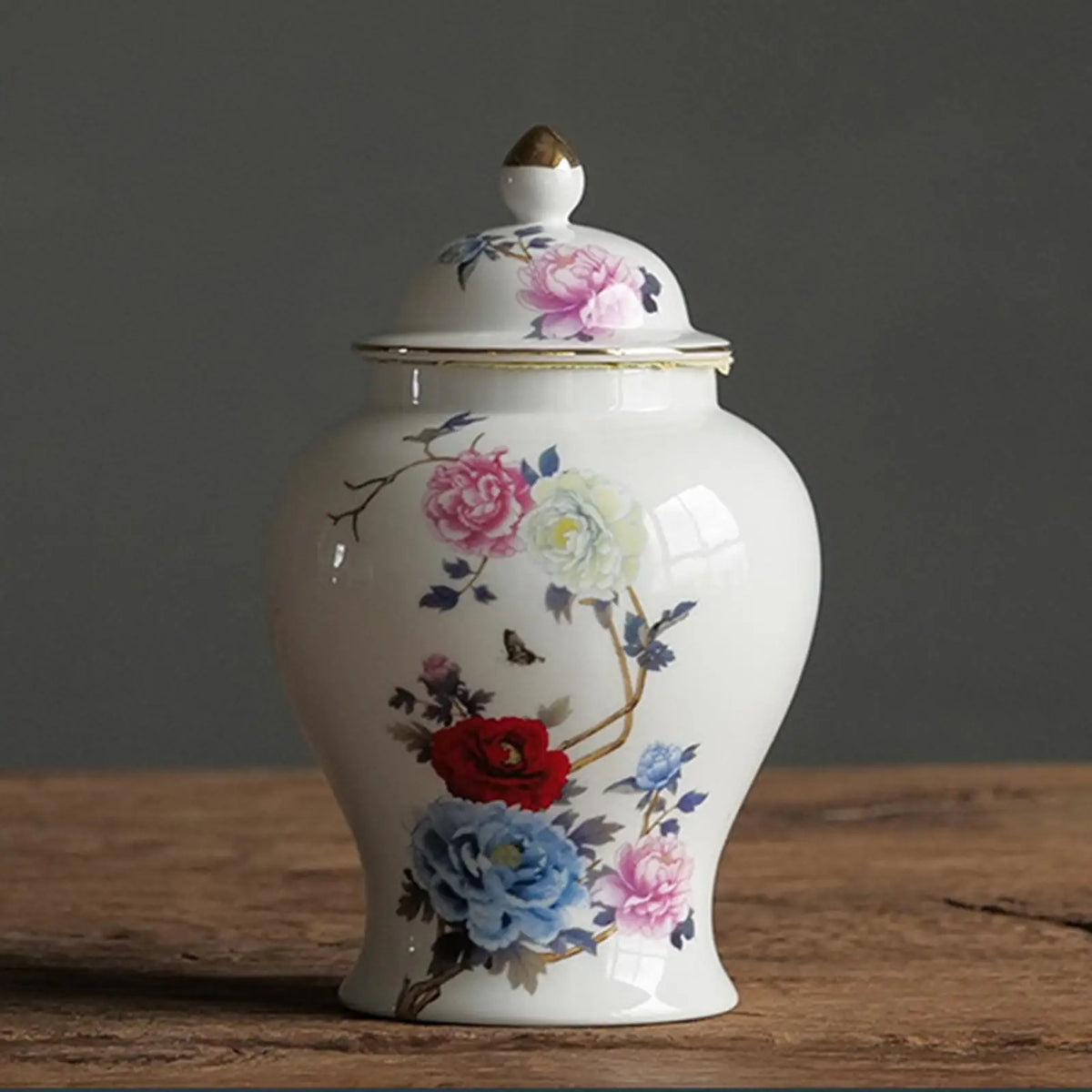 Chinoiserie ceramic jar vase styled with pampas grass