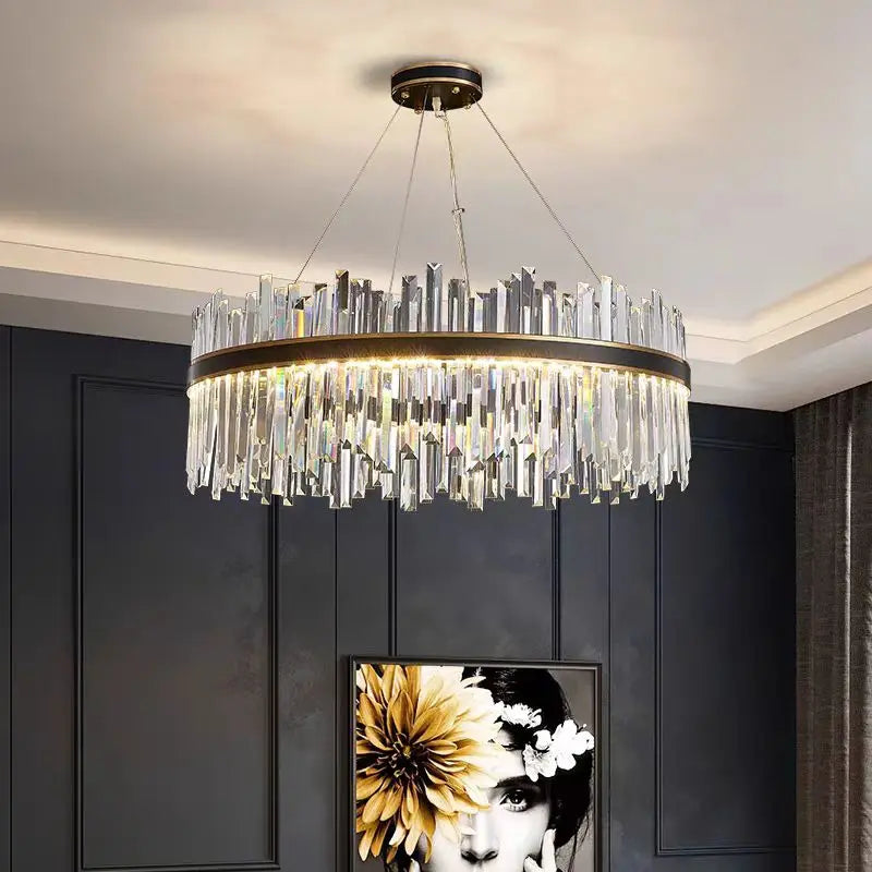 Gold ring crystal chandelier, 39.4 in across, on a cord pendant