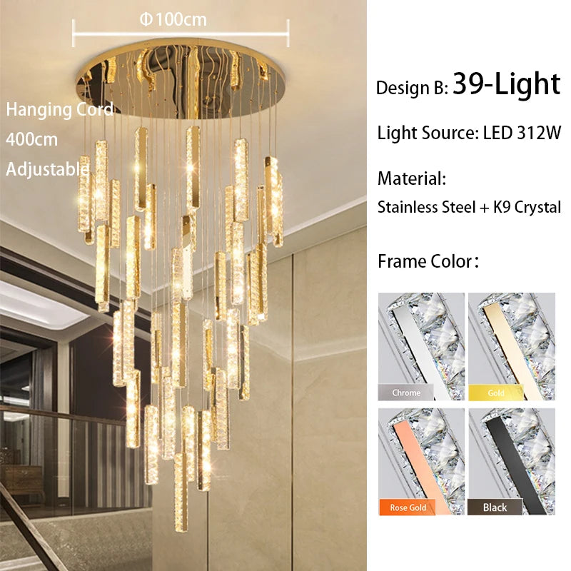 Fourteen light spiral staircase crystal chandelier in chrome