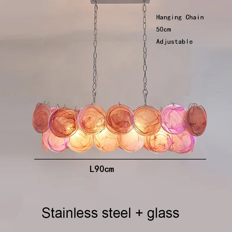 Yellow glass disc chandelier in gold with changeable light colour