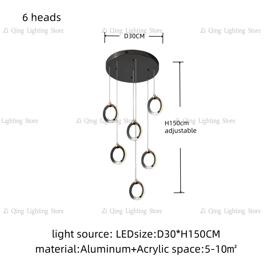 Ring staircase chandelier with 23.6 in rings in a black aluminum finish