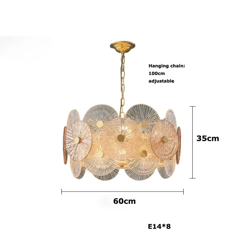 Frosted glass leaf edge detail on the gold steel chandelier arm