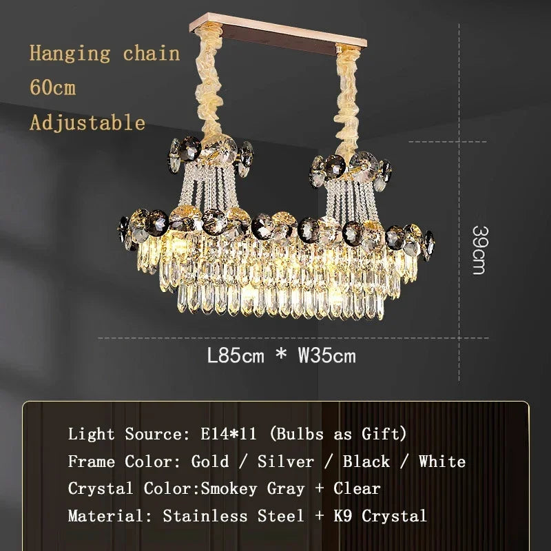 Gold crystal chandelier lit in cold white E14 LED light