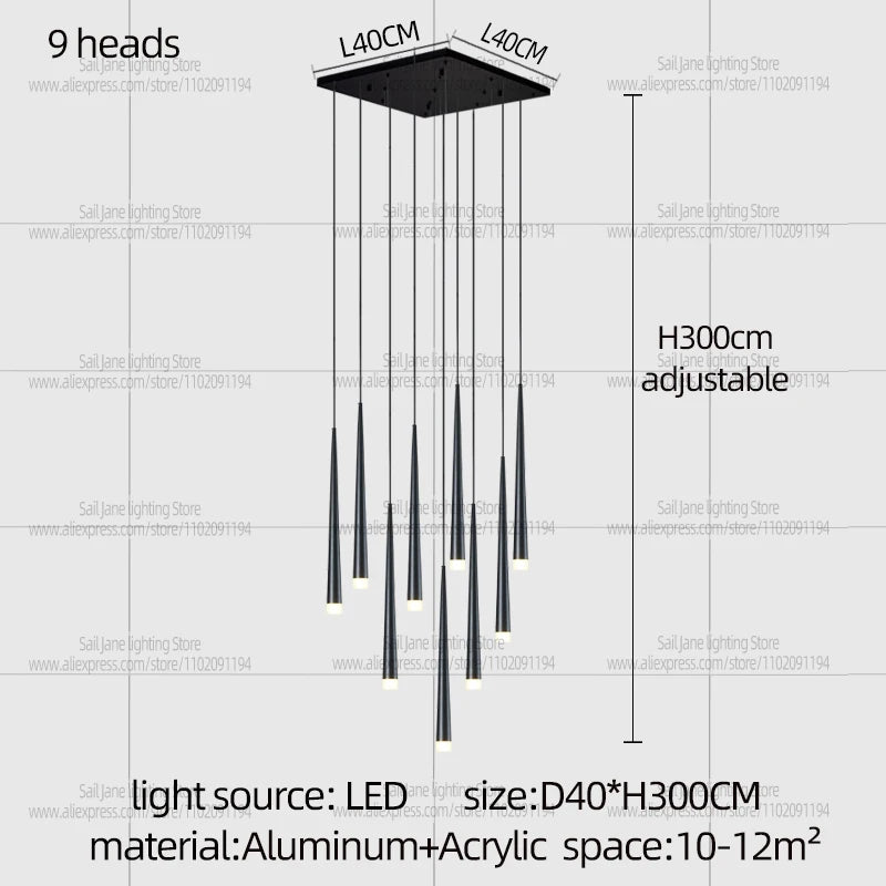 White light across the acrylic diffusers of a black rod chandelier