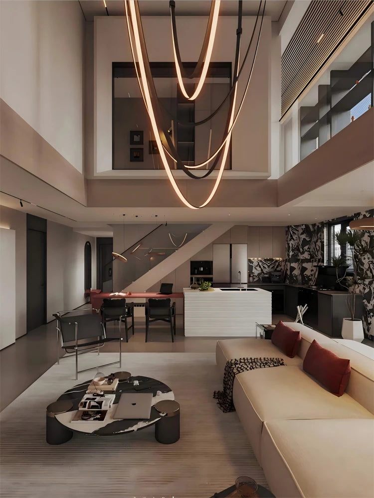 Gold hardware leather belt chandelier in a long catenary span