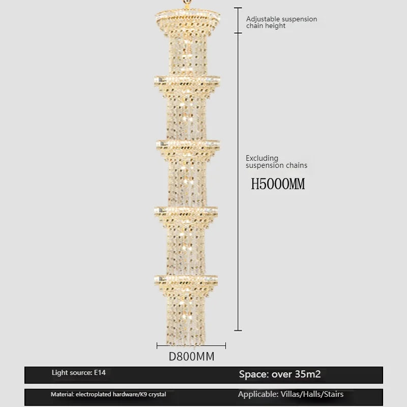 Hollow spiral crystal chandelier shown in a tall duplex stair void