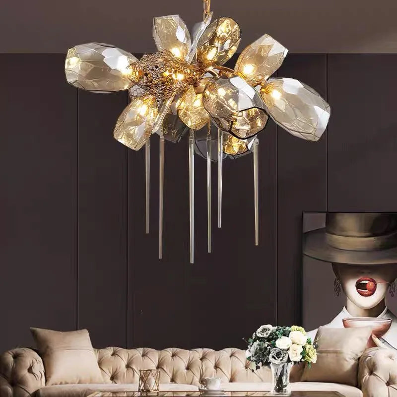 Linear glass chandelier, 47.2 inches long, on a gold plated metal frame