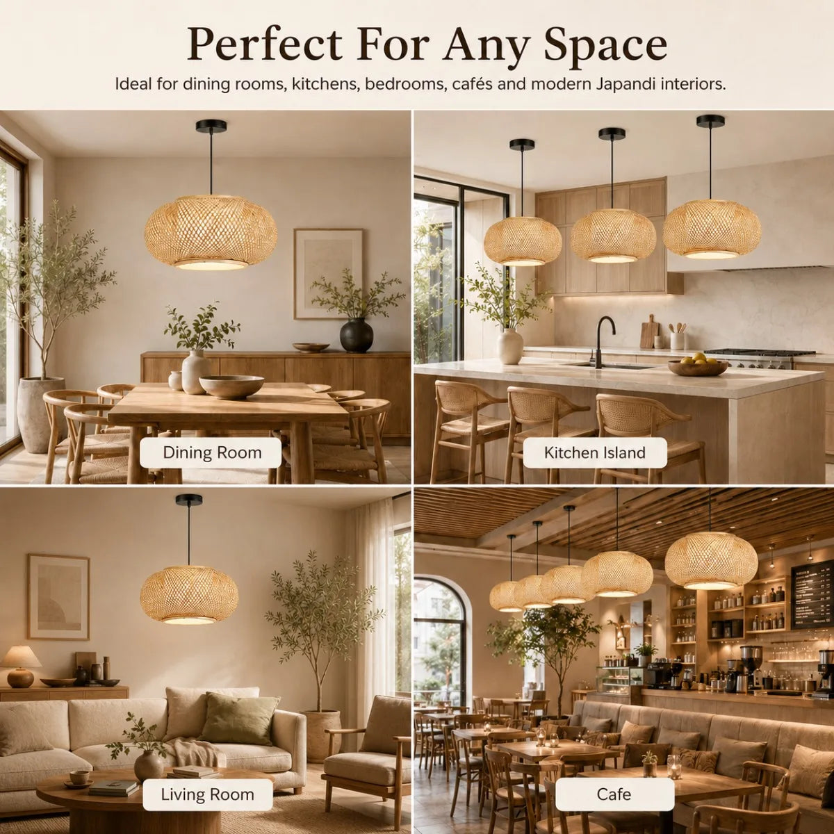 Lantern shaped bamboo chandelier with 150 centimetre adjustable cord