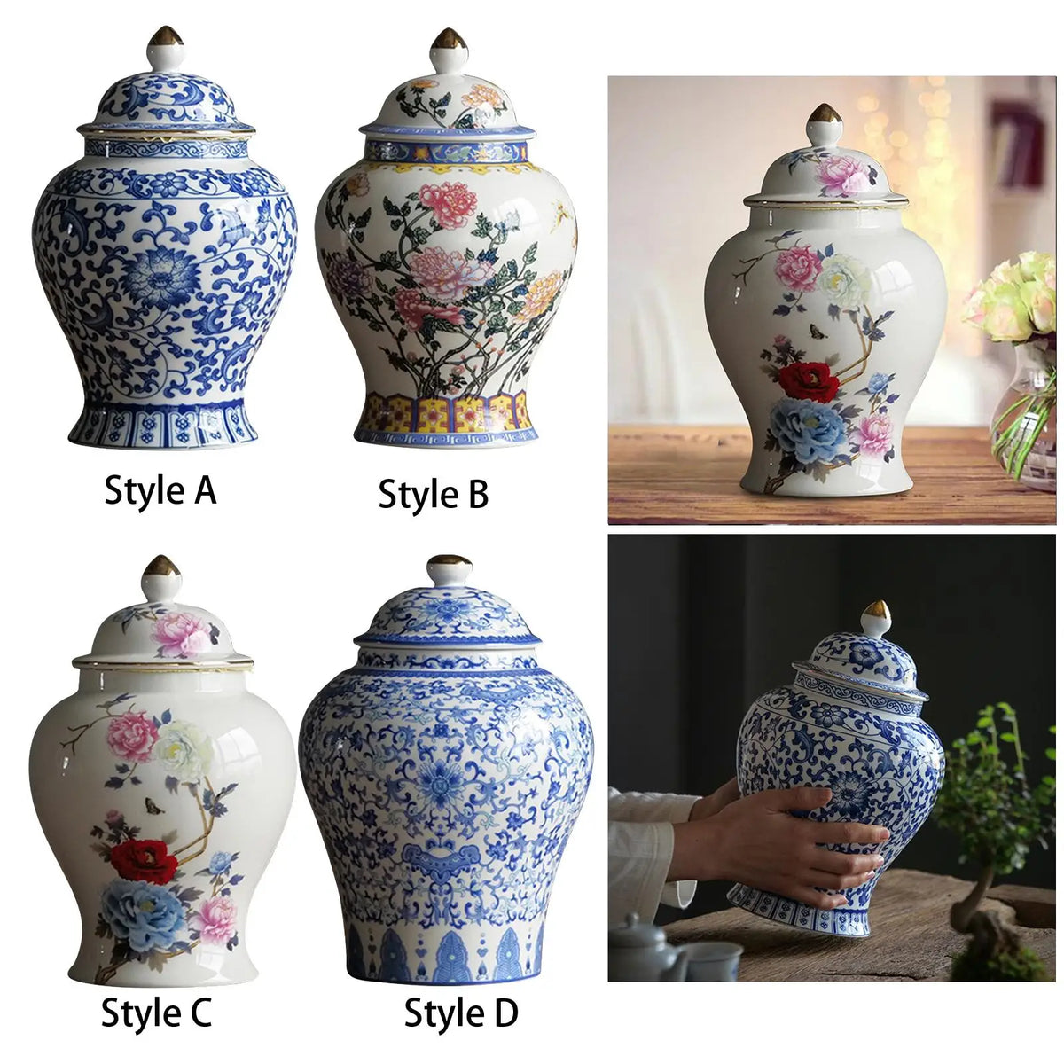 Glazed ceramic ginger jar vase with dried flower arrangement