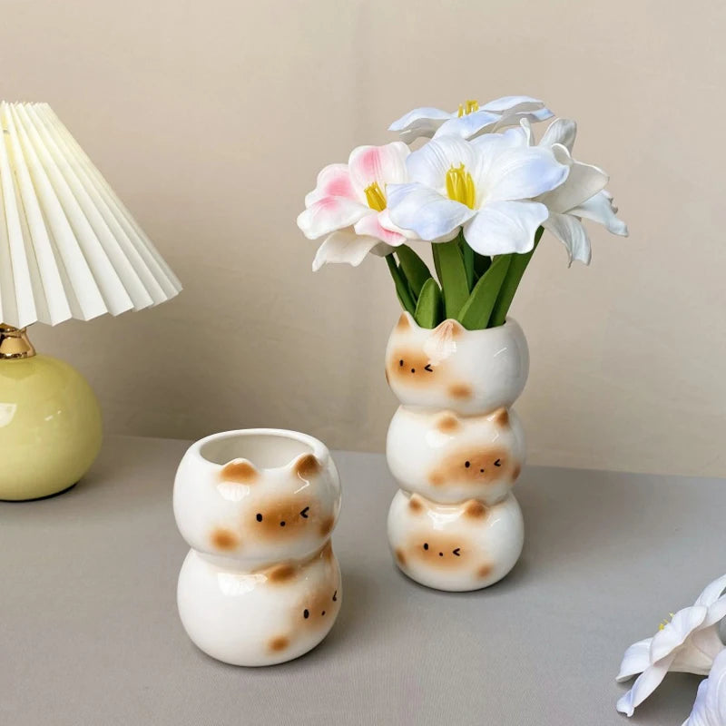 Ceramic Siamese cat flower vase flower arrangement décor