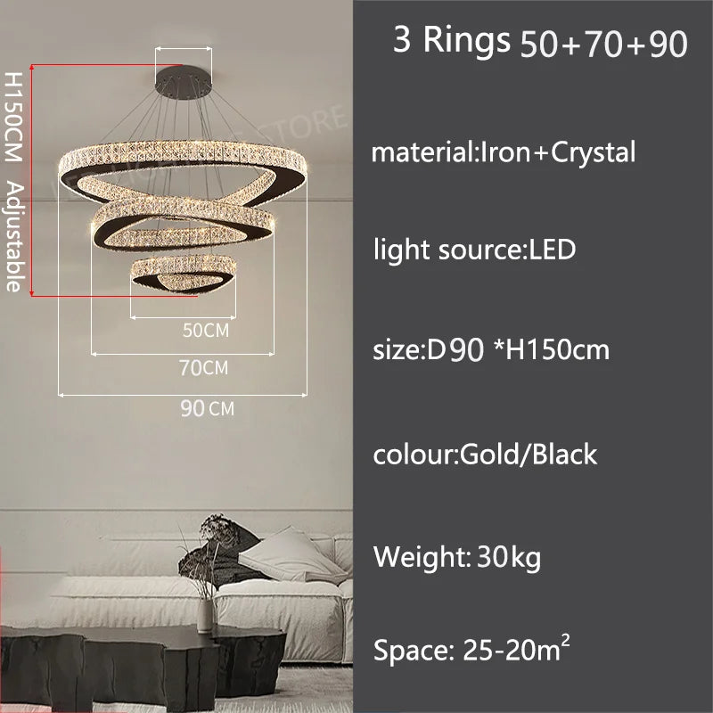 Five ring crystal chandelier, 39.4 in across, in a gold finish
