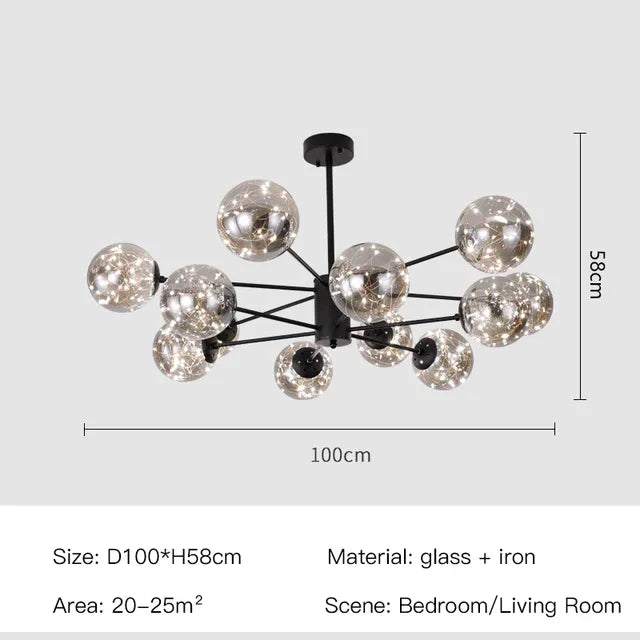 Glass ball chandelier lit in cool white with a black iron frame