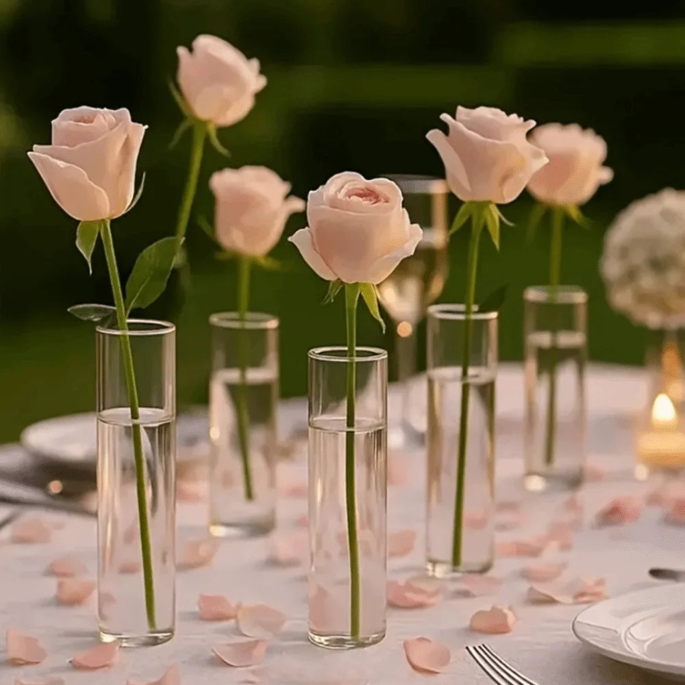 Tall transparent plastic cylinder vase for hydroponic flowers on desk