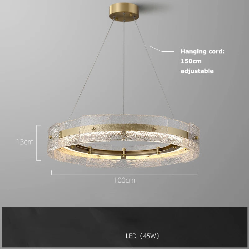 Two light water ripple glass chandelier in a gold steel finish