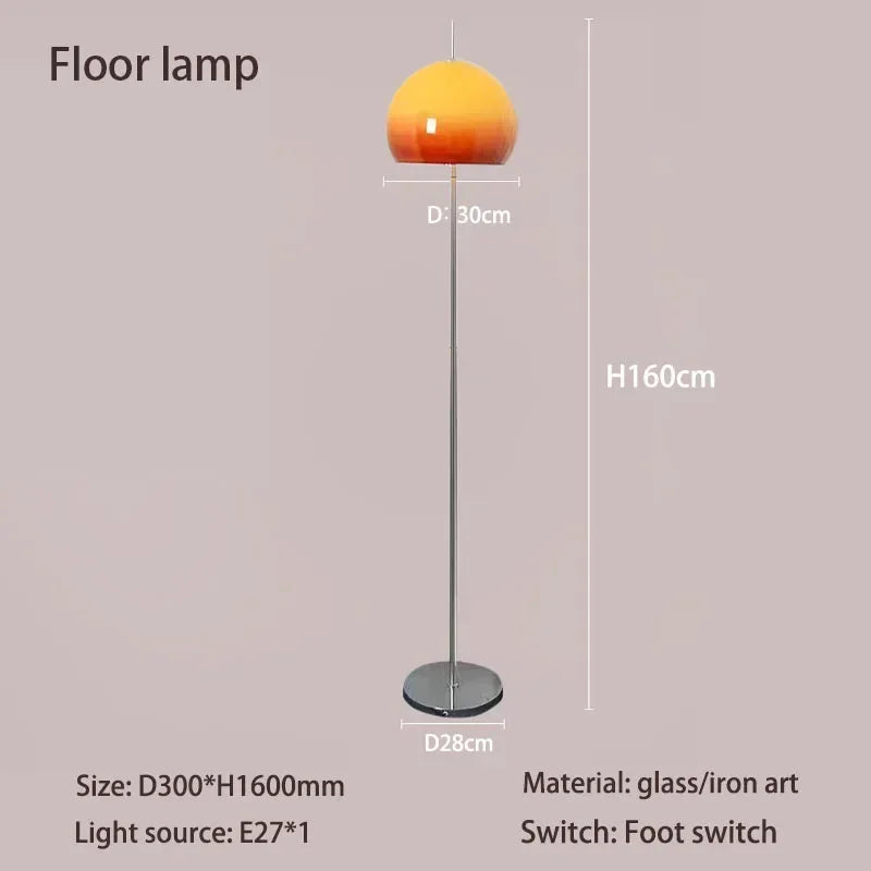 Retro orange floor lamp switched on casting warm ambient glow in room