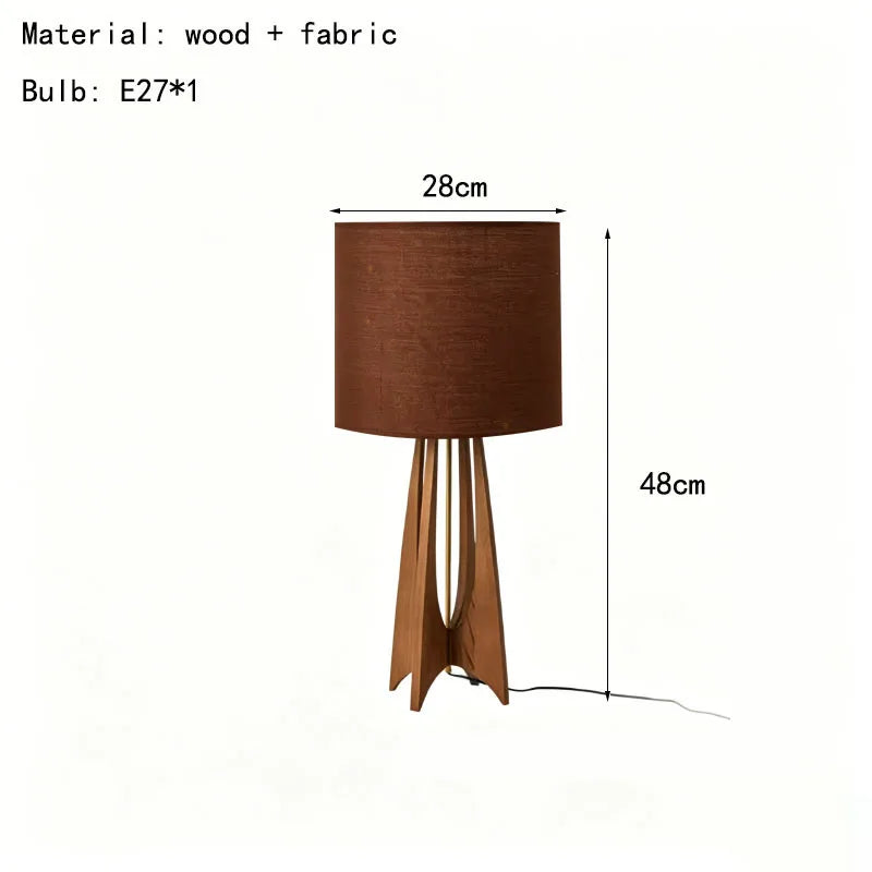 Wood fabric bedside lamp side profile showing slim Nordic silhouette