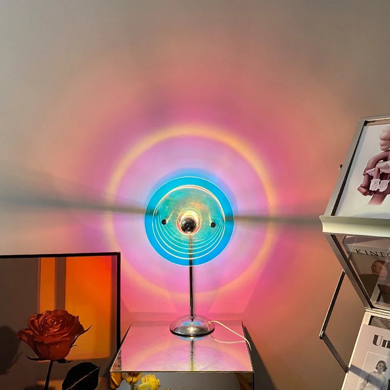 Projection night light on desk showing full sunset gradient wall effect