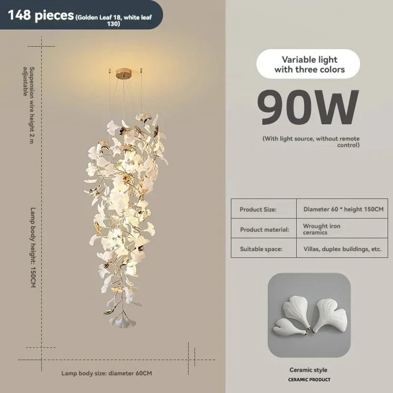 Ceramic leaf chandelier in a linear form, 47.2 inches long by 78.7 inch drop