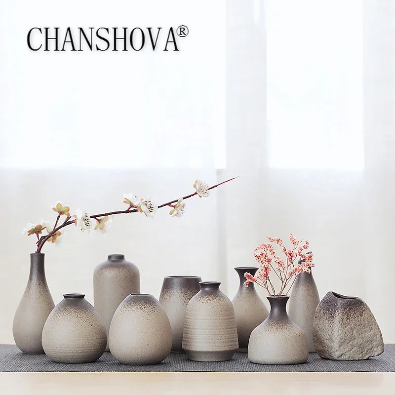 Retro Chinese pottery ceramic vase style E with glazed finish on shelf display