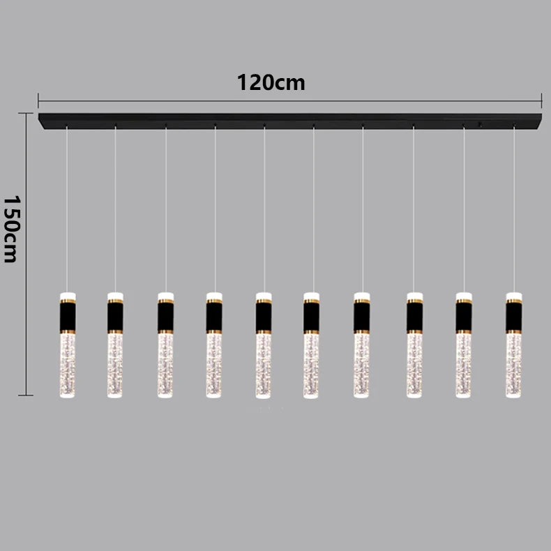 Brushed steel bar carrying crystal chandelier heads on cords