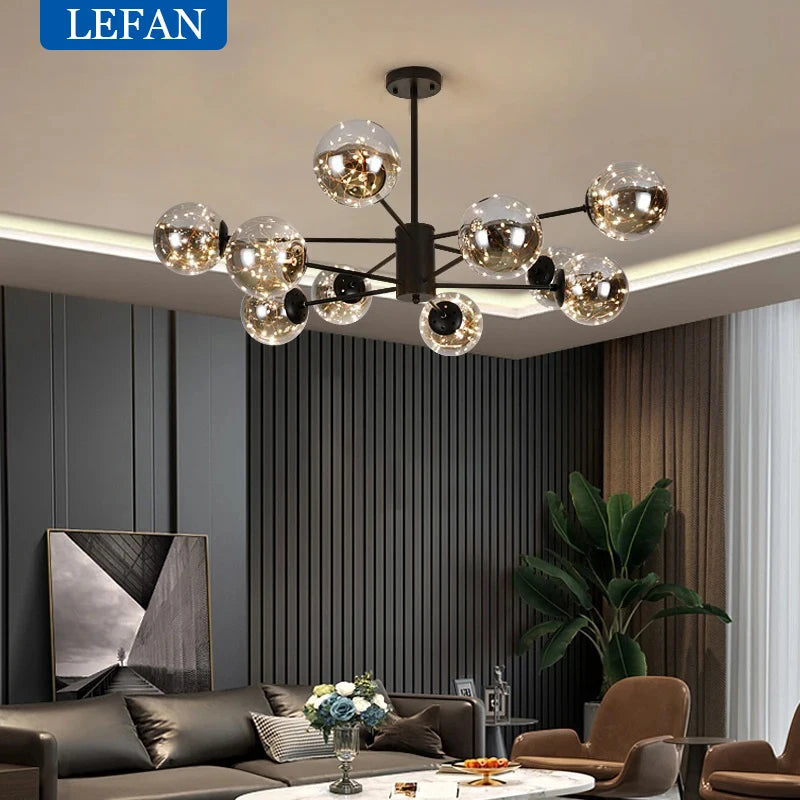 Gold finish glass ball chandelier with forged iron arms and globes