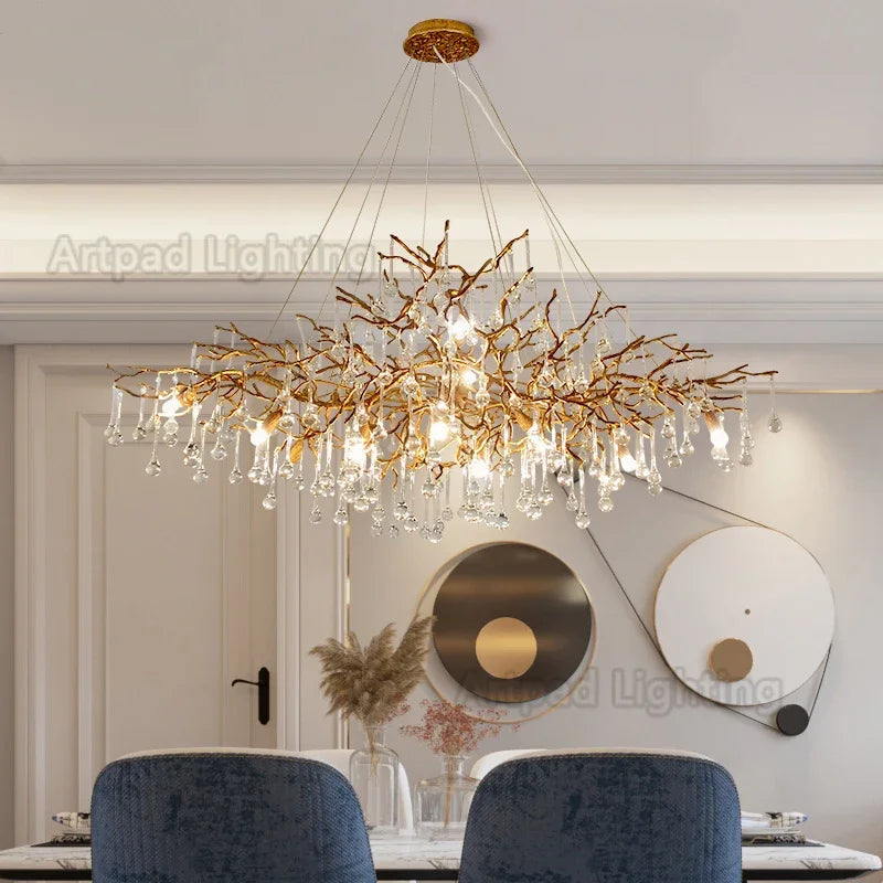 Gold branch crystal chandelier, 59.1 inches wide, with G9 LEDs included