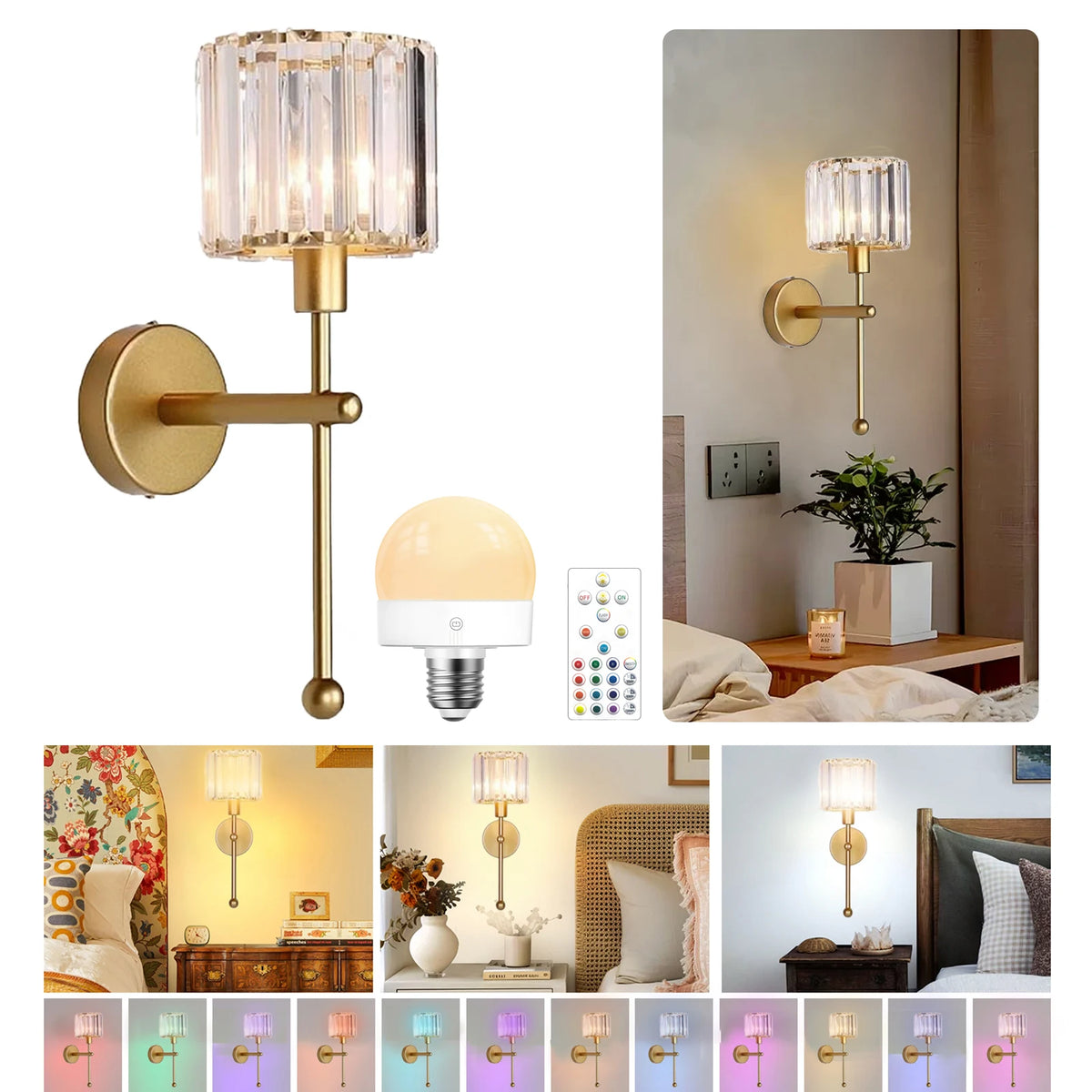 Rechargeable Crystal Dimmable Plug-In Wall Sconce