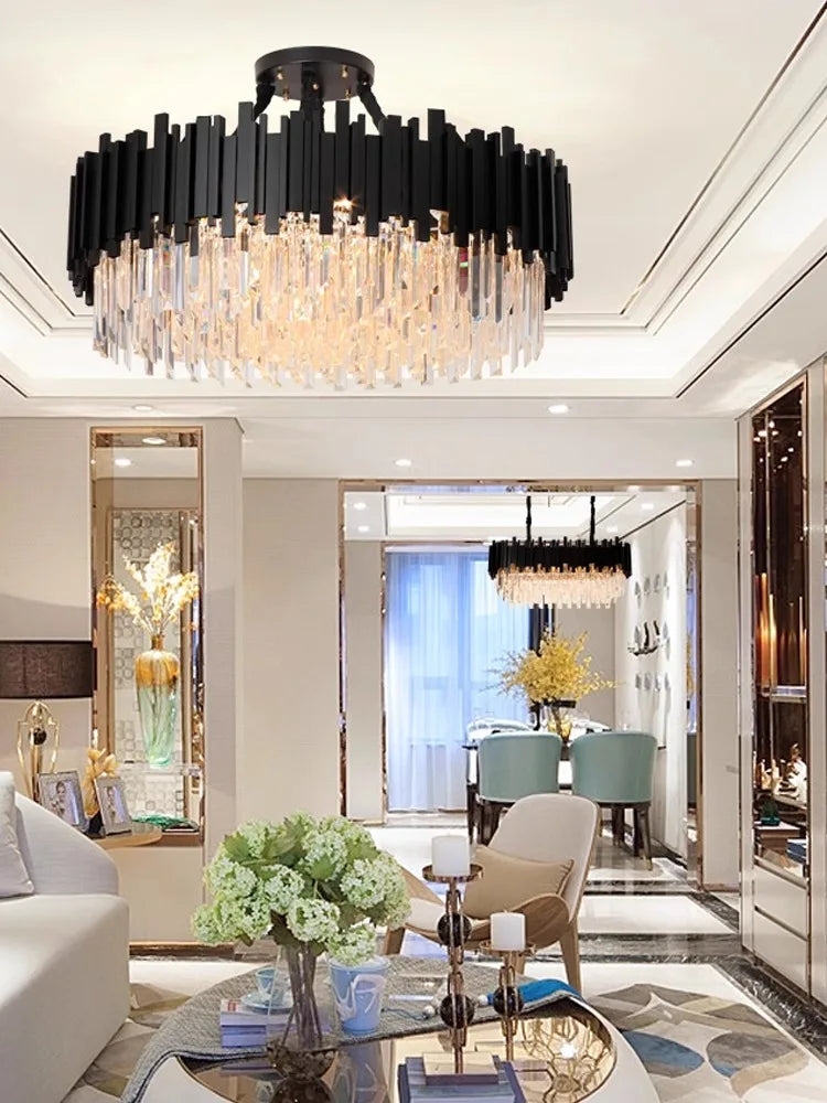 Crystal chandelier at 59.1 in diameter on a polished steel frame