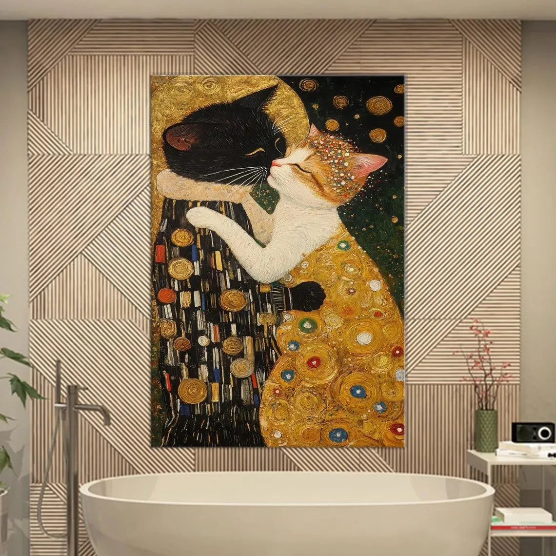 Klimt Kiss Cat Parody Abstract Canvas Wall Art