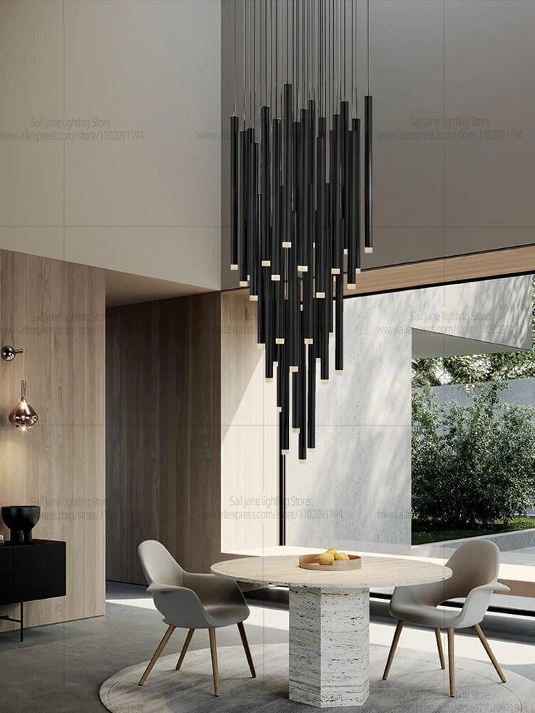 Nine head rod chandelier, 15.7 inches square by 78.7 inch drop, black