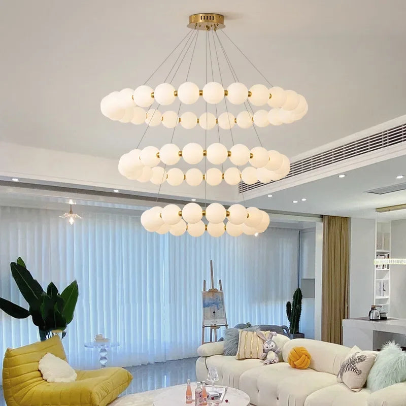 Circular pearl bead chandelier measuring 40.2 in across, semi-flush mounted