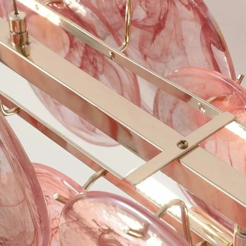Pink glass chandelier at 23.6 in diameter on a polished copper frame