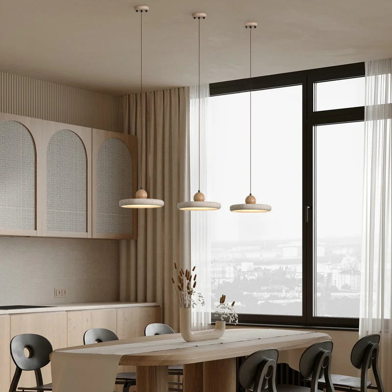 Walnut and travertine chandelier on a slim cord with iron fitting