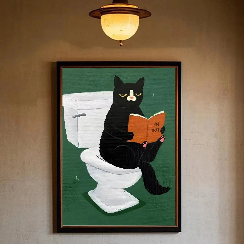 Funny Black Cat Toilet Newspaper Bathroom Canvas Art