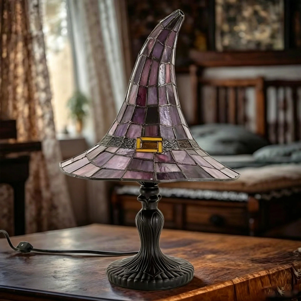 Retro witch table lamp in dark room atmospheric Halloween accent glow