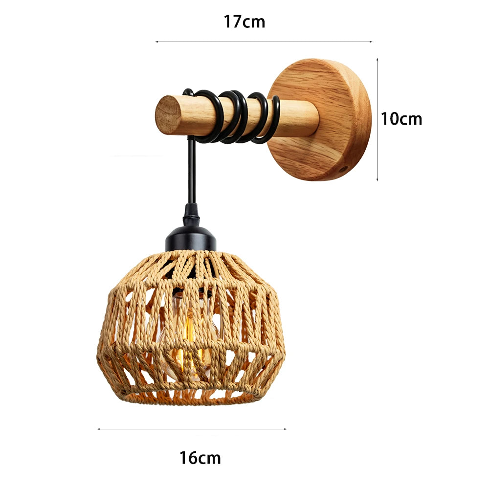rattan wall sconce, detail view of fixture base and arm